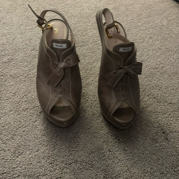 Prada booties - tan with white stitching and gold buckles - Picture 1 of 5